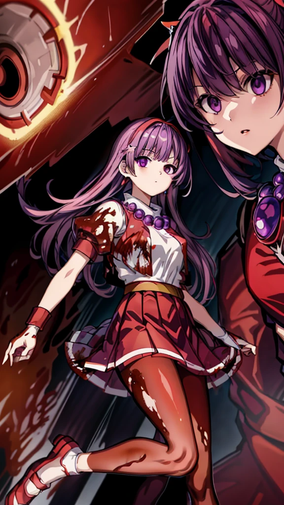 (masterpiece)、(highest quality)、(super detailed)、intricate details、athena 97、(1 girl)、solo、purple eyes、purple hair、hair length、white earrings、red hair band、star hair ornament、Medium breathing、red vest、white turtleneck、White Puff Sleeves、short sleeve、red pleated skirt、(Crimson pantyhose:1.2)、black pantyhose、yellow belt、purple spherical necklace、red fingerless gloves、white short socks、red shoes、evil smile、NSFW、In the ruins、anime style、(Blood on the face:1.6)、(combat readiness:1.6)、hypnorolla、
empty eyes、full body, looking at viewer,