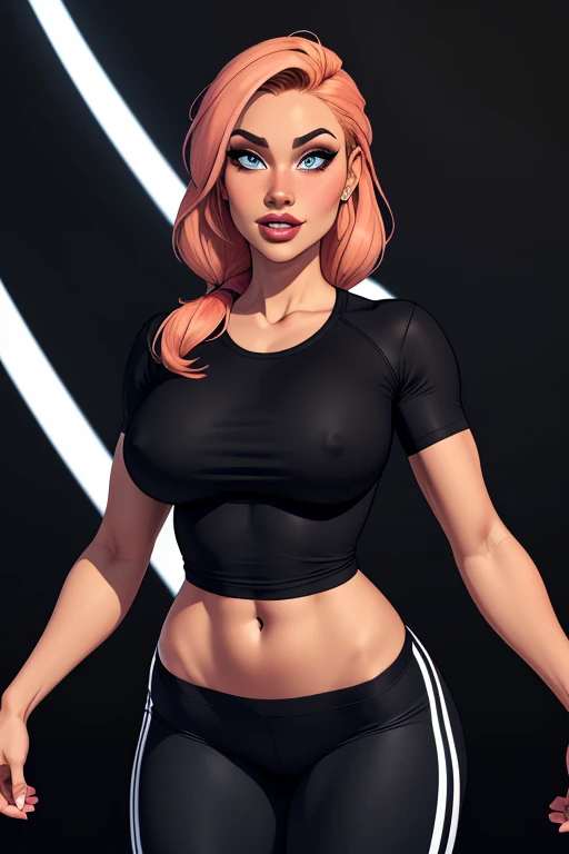 (cartoon style:1.2), Drawings of ([Sports Woman]), wearing black T-shirt, Tight Pants, perfect eyes, detailed face, black background, fun posing, flirty look, Centered, scale to fit the dimensions