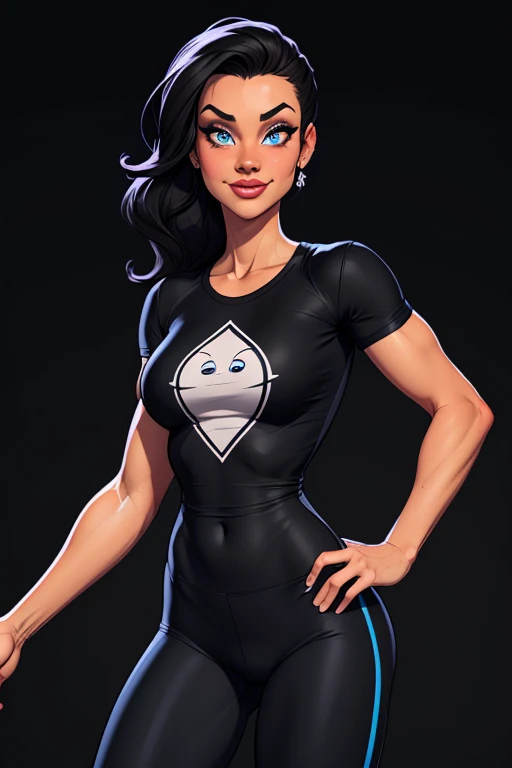 (cartoon style:1.2), Drawings of ([Sports Woman]), wearing black T-shirt, Tight Pants, perfect eyes, detailed face, black background, fun posing, flirty look, Centered, scale to fit the dimensions