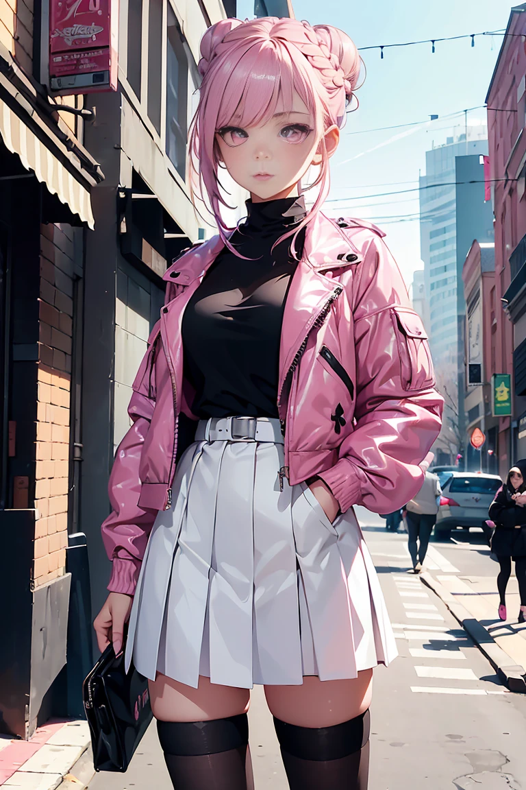 ((1 girl)), latest trend clothes, Street fashion,Stylish jacket, skirt,black tights,cowboy shot,((Super detailed,highest quality, High resolution, 8k wallpaper, beautiful clothes,)),((white brand hair, shortcut,braided bun,asymmetry)) (green eyes),eye shadow, eyeliner,Glow eye, highly detailed eyes, complicated eyes, beautiful eyes, ((shining pink eyes))18 year old girl.