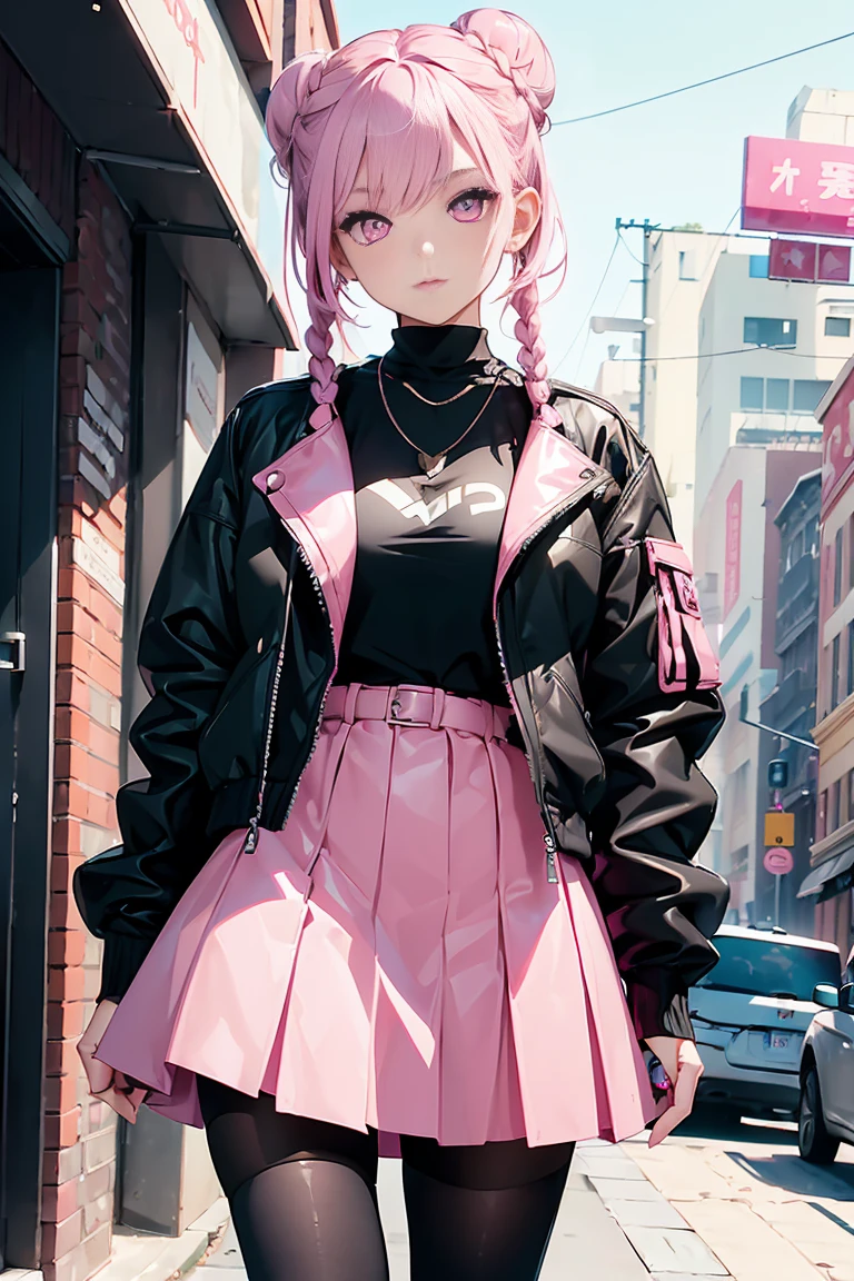((1 girl)), latest trend clothes, Street fashion,Stylish jacket, skirt,black tights,cowboy shot,((Super detailed,highest quality, High resolution, 8k wallpaper, beautiful clothes,)),((white brand hair, shortcut,braided bun,asymmetry)) (green eyes),eye shadow, eyeliner,Glow eye, highly detailed eyes, complicated eyes, beautiful eyes, ((shining pink eyes))18 year old girl.