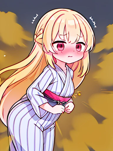 1 girl、Nodoka(Buruaca)、8K、must-have、anime、fart、blush、lots of yellow gas、Yellow gas comes out from the butt、animeチック、Are standing、Gray yukata、white obi、red eyes、long hair、Gentle Pose、blonde、Hold your stomach、Flustered face、tie hair back、big breasts