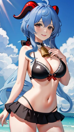 (8k、RAW photo、highest quality、masterpiece:1.2)、Super fine、ultra high resolution、High-definition RAW color photo、professional photos、very delicate and beautiful、detailed images , one beautiful woman、A bursting smile、Beautiful woman staring at me,open chest, Light blue hair , miniskirt , very detailed , the background is the summer sea , bikini Swimsuit , ganyu,Horns
