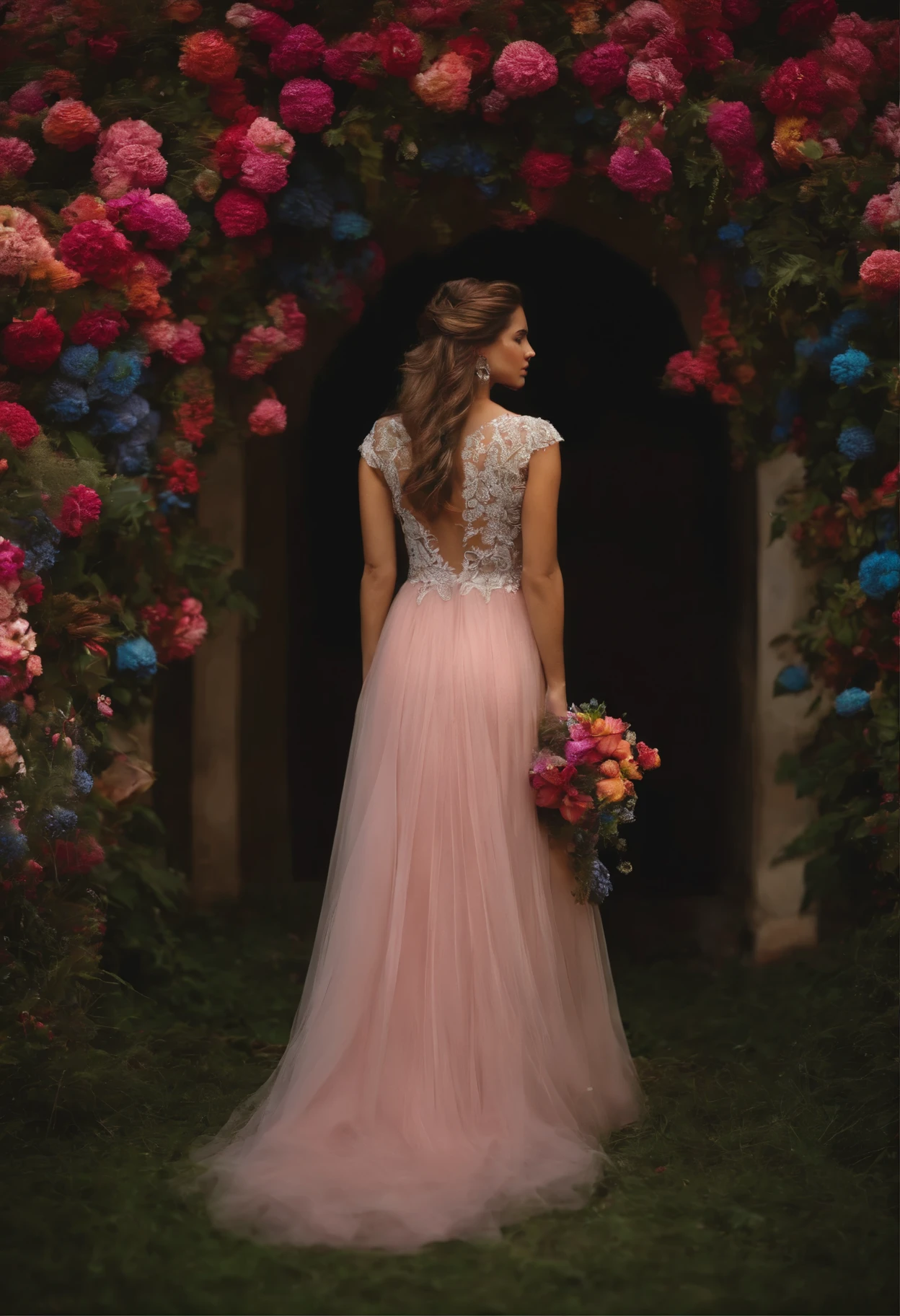 fada com cabelos castanhos,roupa colorida em 4d, dentro de uma estufa de flores
