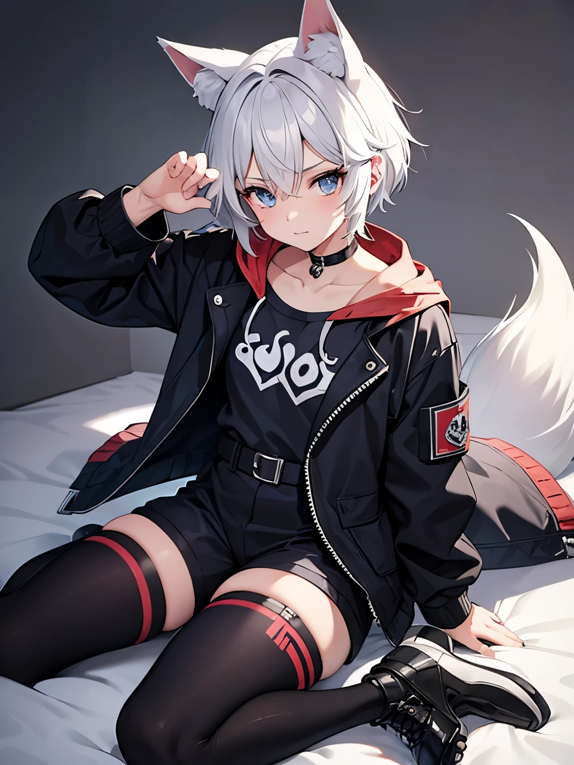 1boy,warwolf,pow pose,kawaii boy wolf ears,wolf tail,jumpsuit,enjoy pose