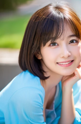 highest quality, soft light, ultra high resolution, (realistic:1.4), full_body,RAW photo, 1 japanese girl, alone, cute, (pupil, light in the eyes), detailed beautiful face,(High resolution details of human skin texture), (short hair), outdoor,skirt, (portrait),spring,big smile,white shoes,cleavage,a cup