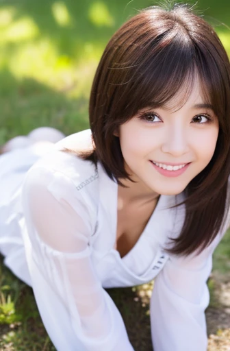highest quality, soft light, ultra high resolution, (realistic:1.4), full_body,RAW photo, 1 japanese girl, alone, cute, (pupil, light in the eyes), detailed beautiful face,(High resolution details of human skin texture), (short hair), outdoor,skirt, (portrait),spring,big smile,white shoes,cleavage,a cup