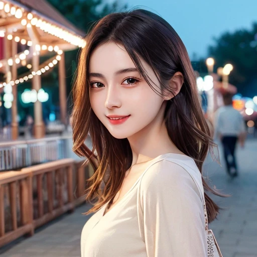 masterpiece, best quality, extremely detailed CG unity 8k wallpaper,
a cute girl,
girlfriend, casual clothes, smile,
amusement park, at night, detailed background, from side,