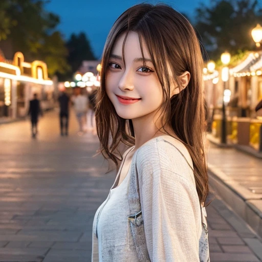 masterpiece, best quality, extremely detailed CG unity 8k wallpaper,
a cute girl,
girlfriend, casual clothes, smile,
amusement park, at night, detailed background, from side,