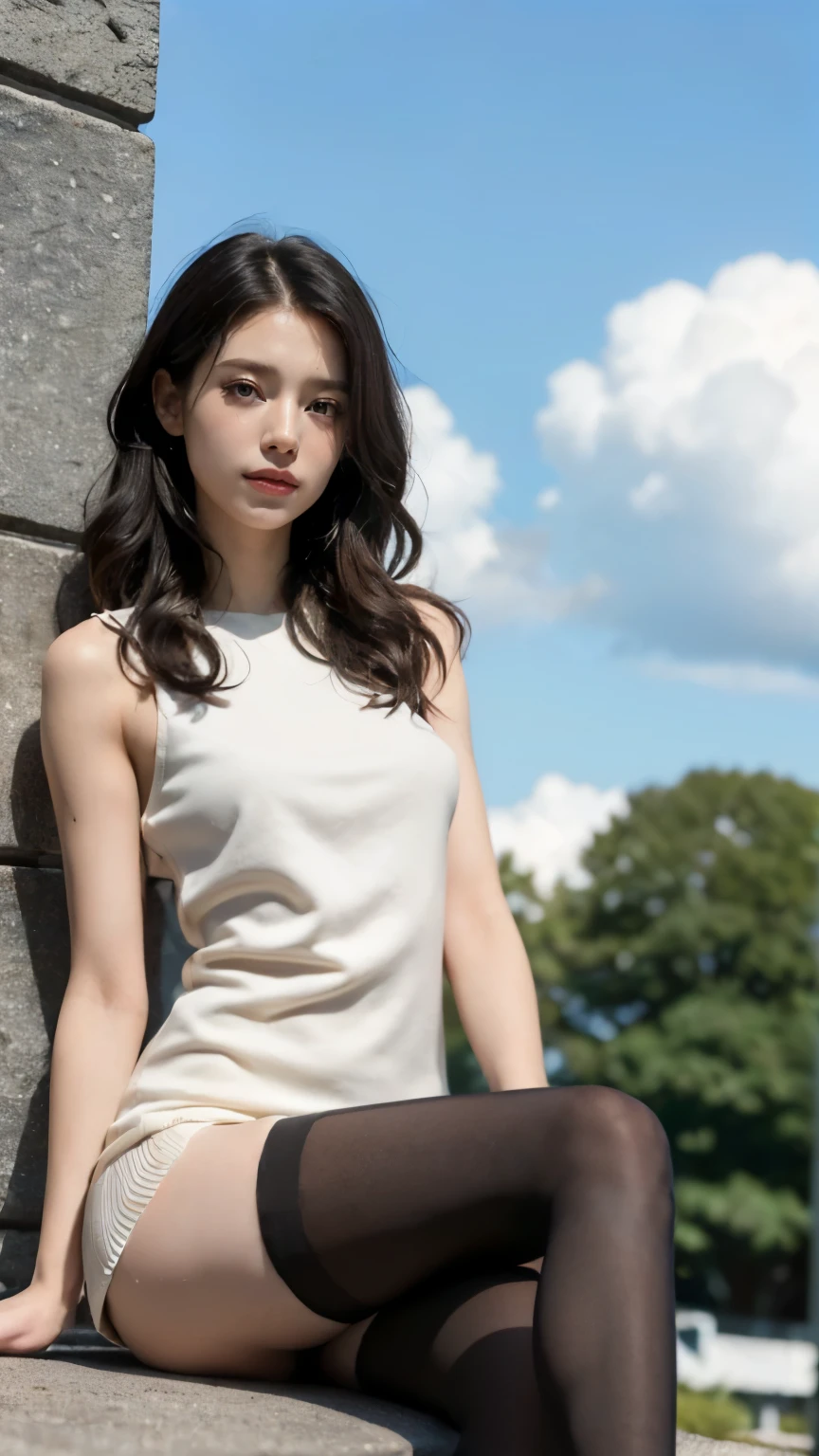 ((((8k))),((Extremely detailed CG)) ,(wallpaper),16k,((extremely delicate and beautiful)),(((masterpiece))),(((best quality))),(((超high resolution))),beautiful lights,perfect lightning,Realistic shadows,[high resolution],(Smooth and flawless fair skin:1.5),(pale skin:1.3),Facial details are extremely delicate,(Perfect body:1.1),Super detailed,a beautiful girl,small head,(Black curly hair:1.1),small face,Exquisite makeup,(big breasts:1.1),Slim,thin,happy,Smile,(blue sky:1.3)，（clean background）,(Slender legs:1.2),(Black tights:1.3),(sports shoes:1.1),(Daytime scene:1.5),outdoor,(sitting:1.5),(From diagonally below:1.5),(permanent:1.3),(whole body:1.2),(from the front:1.3),（Short dress）（looking down camera：1.3）（Bring your legs together）