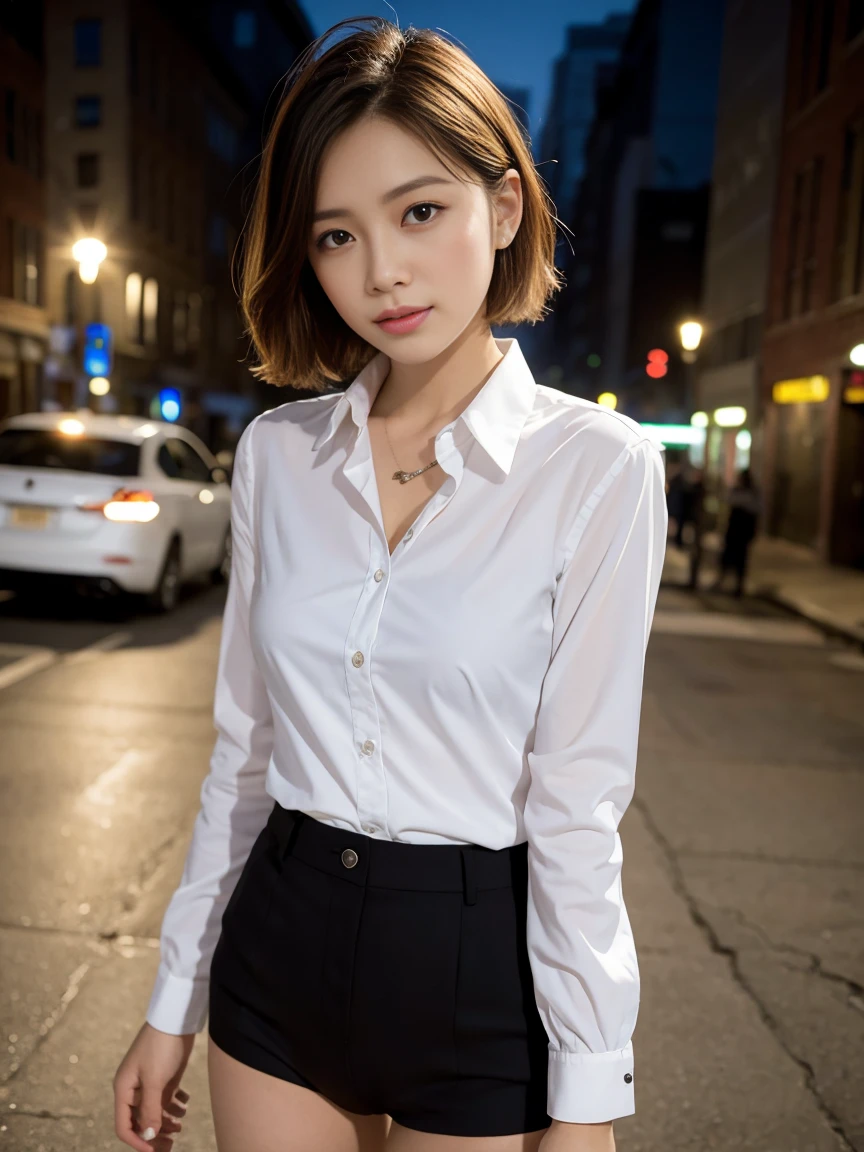 ((top quality, 8k, masterpiece: 1.3, raw photo)), Sharp Focus: 1.2, (SOLO), (1 aespa girl: 1.2), (Realistic, Photorealistic: 1.37), (face focus: 1.1), cute face, small breasts, flat chest, short messy hair, (business shirt: 1.1), Beautiful Woman standing the city Under Lamp Light, cinematic lighting, thigh, chiffon panties,