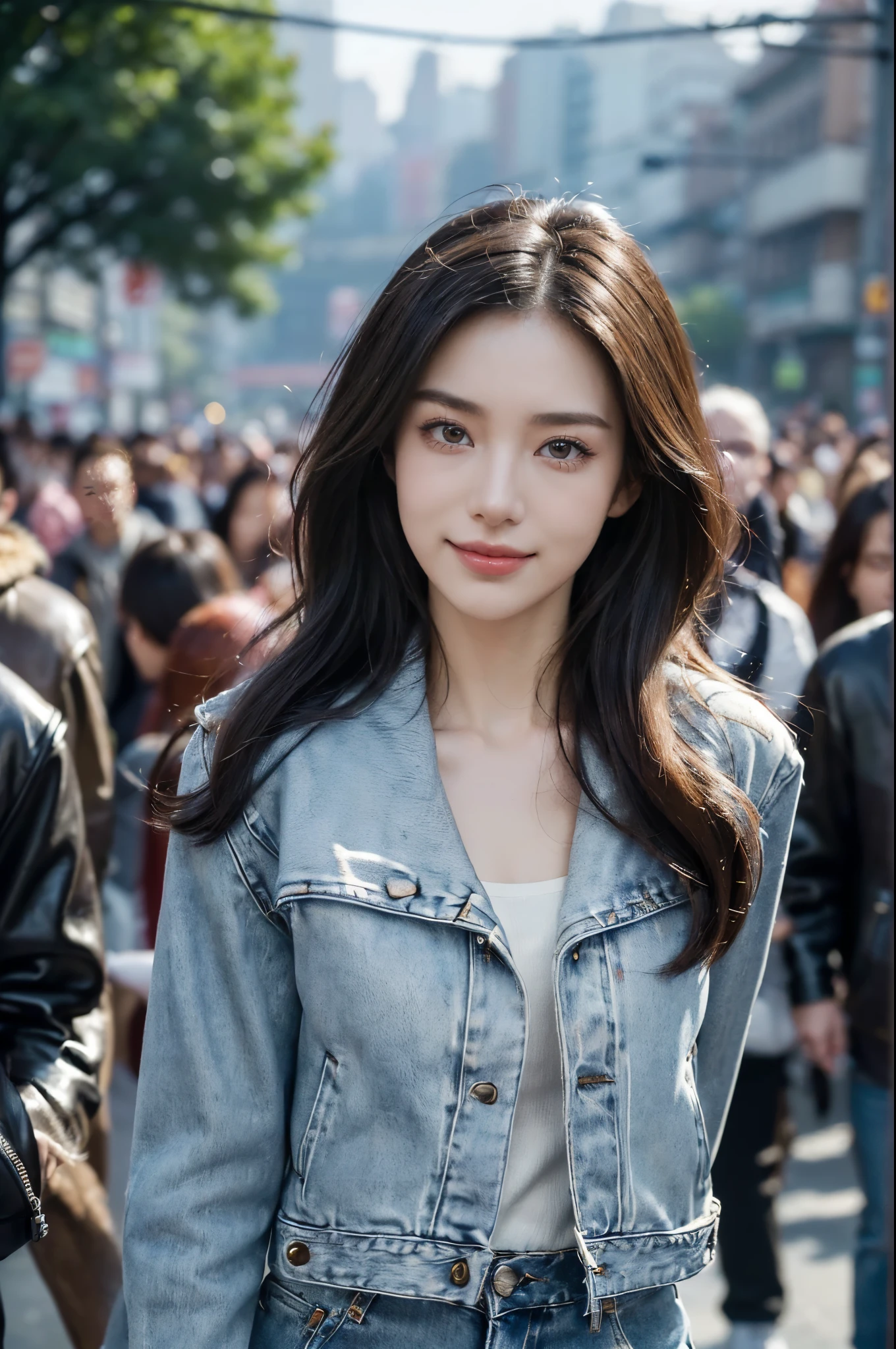 ((((8k))),((Extremely meticulous CG)) ,(wallpaper),16k,((Extremely refined and beautiful)),(((Masterpiece))),(((best qualtiy))),(((Ultra High Resolution))),beautiful light up,Perfect lightning,realistic shaded,[A high resolution],(Smooth and flawless fair skin:1.5),(pale skin:1.3),Extremely exquisite facial details,(perfect body:1.1),ultra-detailed,A beautiful girl,small head,(short ponytail:1.1),small face,Exquisite makeup,(small breasts:1.1),flat chests,slim,thin,happy,(smile:1.2),(fur collar),(leather jacket:1.3),(slender legs:1.2),(denim shorts:1.2),(sneakers:1.1),(day scene:1.5),(In a mountainous-city:1.2),(In Chongqing:1.2),(Beside the street:1.5),(Urban Landscape:1.2),(tall buildings:1.2),(detailed background:1.5),(arms behind back:1.3),(standing:1.3),(close-up of upper body:1.2),(from front:1.3),(Surrounded by crowded crowds:1.5),(winter)