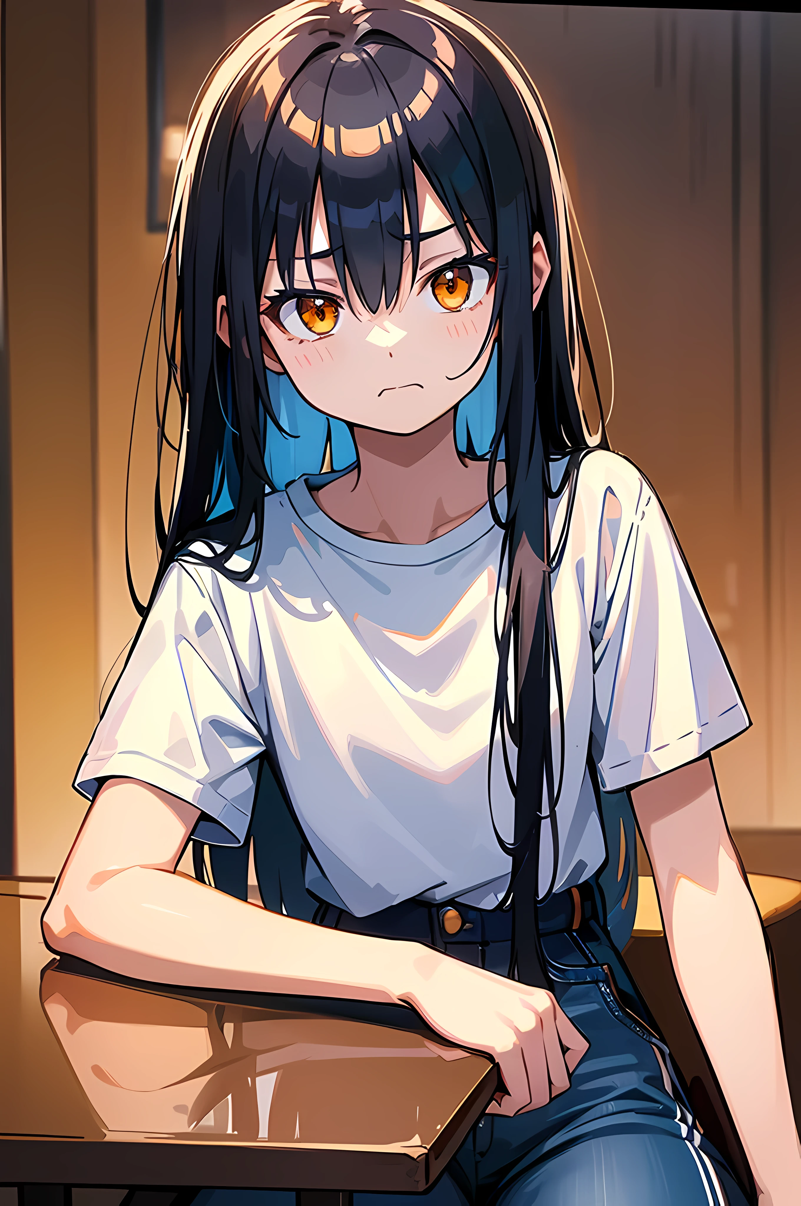 (8K Ultra High-Quality) (Masterpieces) (Image) (人物: Rimuru) 1 Girl 17years old, Long Black hair, Orange eyes colors, wearing White T-shirt, wearing Jean, background in restaurant, sitting at her table, angry cute face looking at viewer.