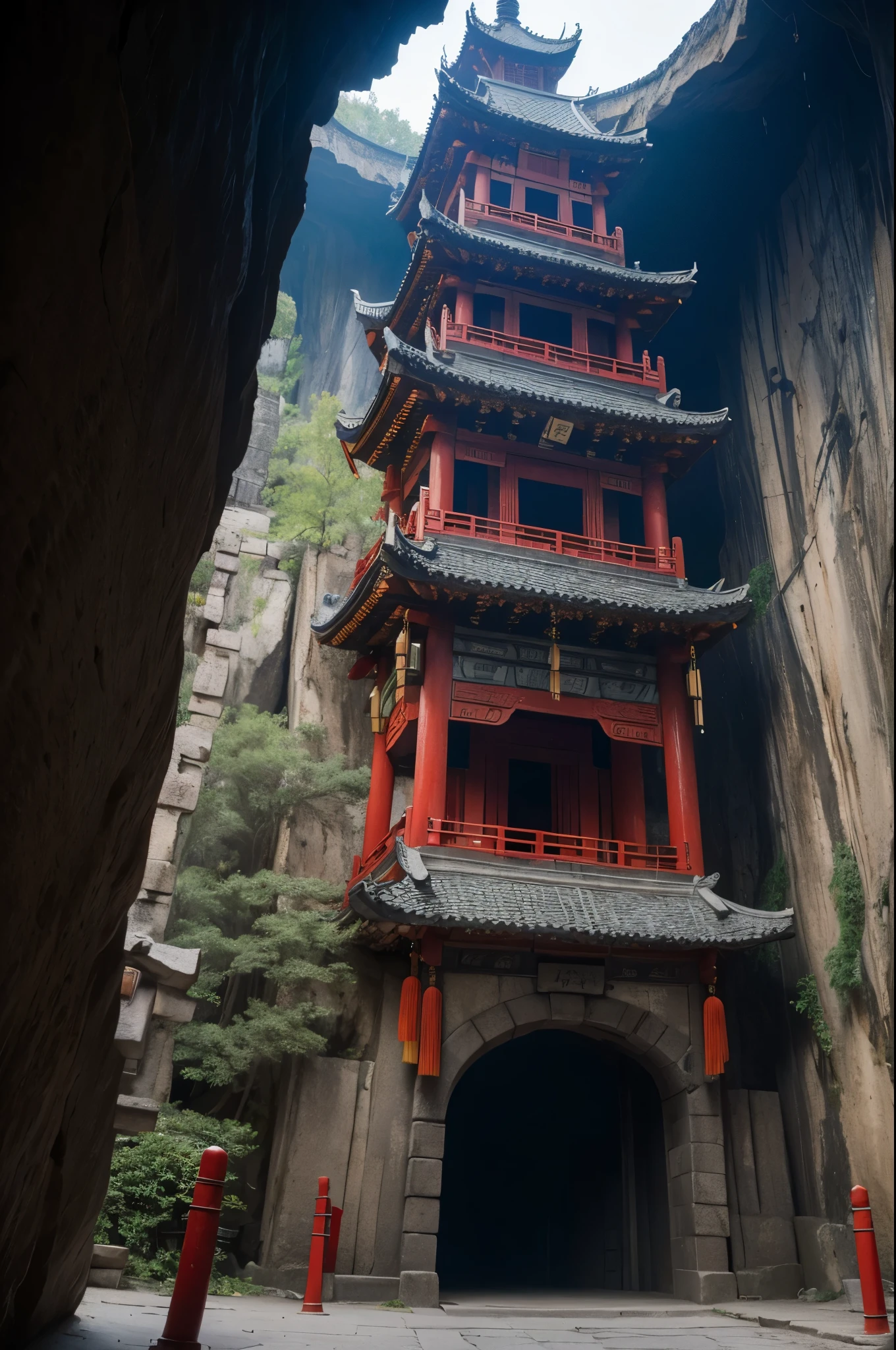 Nine-story demon tower,(Chinese stone pagoda architecture:1.5),gigantic tower,,Inside the underground cave,Its corners are connected to the cave wall by chains,Many bells on the chain,There are links at every level,best quality,masterpiece,8k,High chiaroscuro