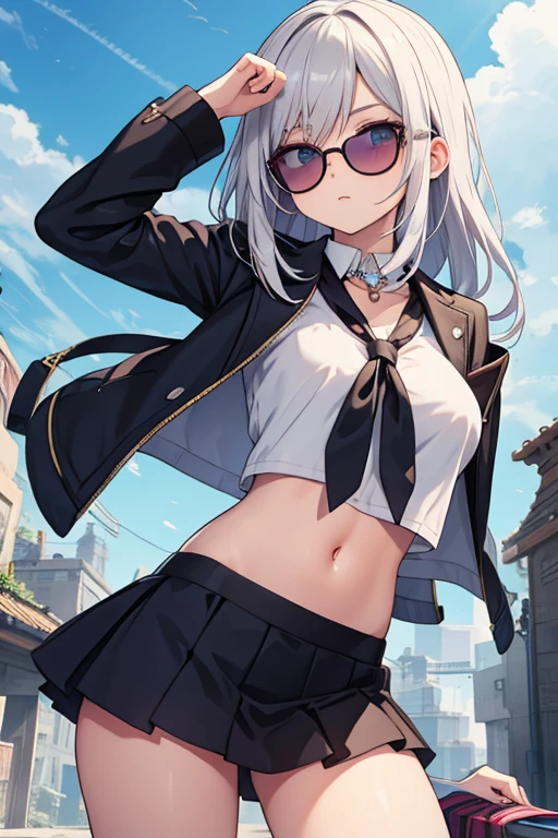 Create an anime-style image of a cool girl with medium-length silver hair wearing a black school uniform and holding cotton candy. She wears pointy sunglasses. Have your  strike some impressive and cool poses while being surrounded by a number of Jojo-like sound effects. Images must be highly detailed and capture an edgy, cool aesthetic with settings reminiscent of character design sheets. It should show great detail and high quality workmanship.