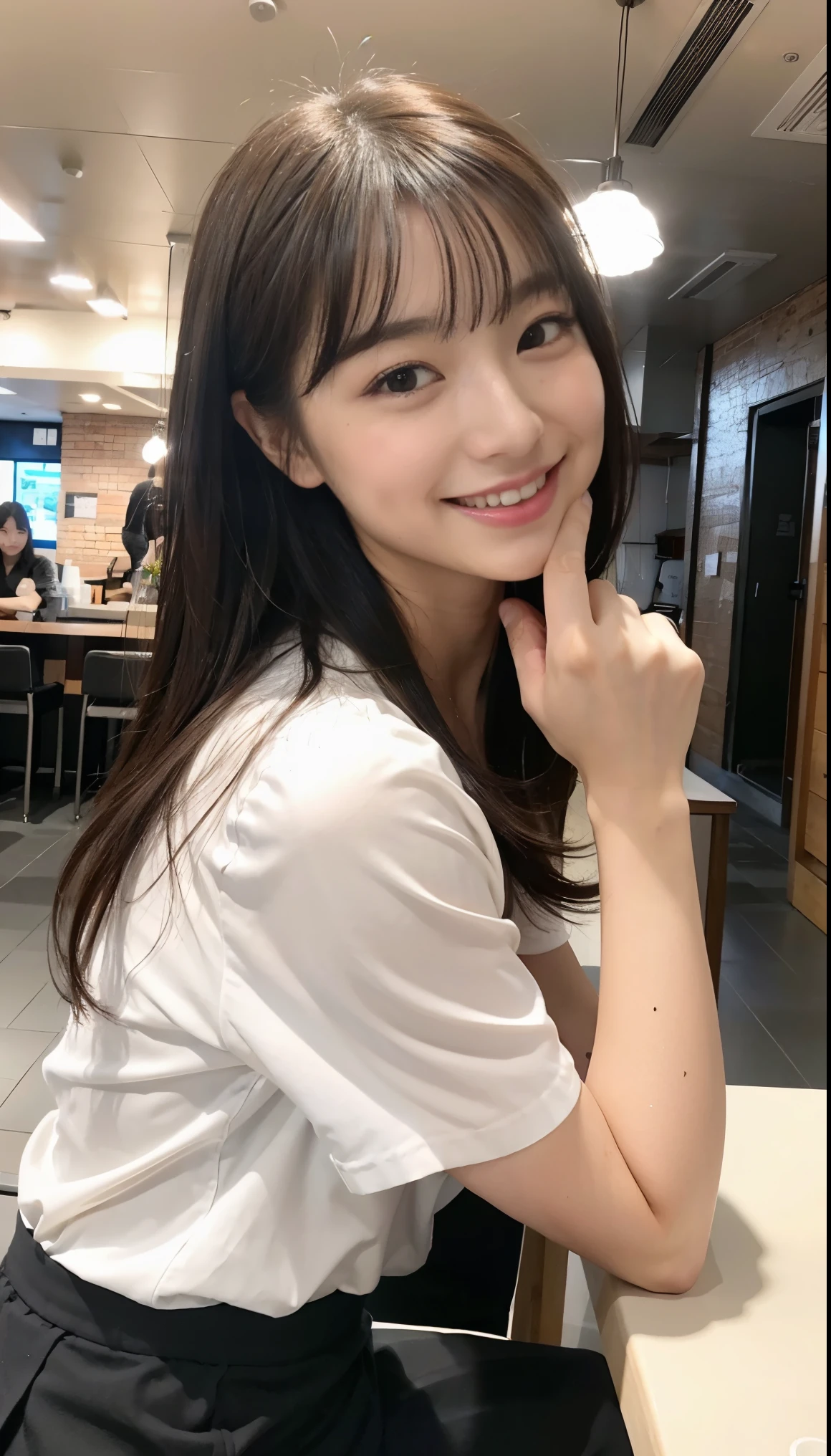 (8K、highest quality、masterpiece、Super high resolution、high resolution face:1.3)、Portrait、(20 year old girl:1.3)、Bokeh、frontage、 genius genius smile、super detailed、super resolution、(realistic、realistic pictures:1.37)、High-definition RAW color photo、professional photography、hvery detailed and beautiful、very detailed、8K image wallpaper、amazing details、huge file size、official art、Hvery detailed CG Unity 8K wallpapers、hvery detailed beautiful girl、very detailed顔、very detailed目、very detailed肌、very fine fingers、hvery detailed nose、very detailed詳細な口、perfect anatomy、Hvery detailed clothing、1 girl、(18:1.2)、Ten generations、cute、famous japanese idol、cute、realistic body、、white skin、glowing skin、Because I'm slender、handsome body、brown hair、(dull bangs:1.2)、classic wavy long hair、 (nffsw:1.3),laughter、cute、zora々right、cute faces、lifelike face、delicate eyes、ordering sauce、T-shirt、skirt、look at the camera、cowboy shot、Inside the cafe、positive、contrapo、public