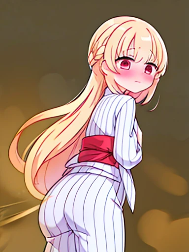 1 girl、Nodoka(Buruaca)、8K、must-have、anime、fart、shyness、blush、lots of yellow gas、Yellow gas comes out from the butt、animeチック、Are standing、Gray yukata、white obi、red eyes、long hair、Gentle Pose、blonde、Hold your stomach、Flustered face、tie hair back