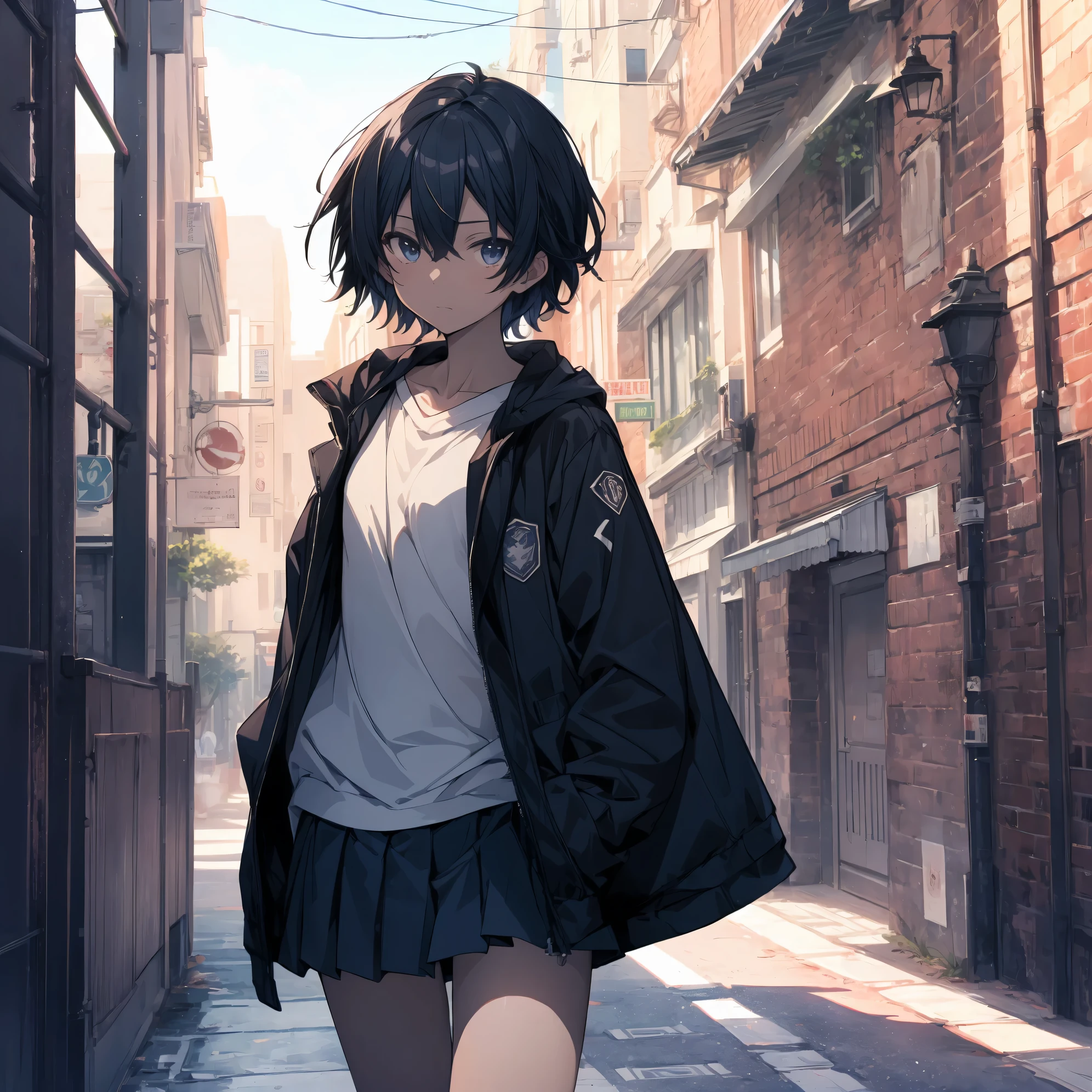 Super high quality by the art god, super detailed, High resolution,Shinkai Makoto style, anime moe art style, best anime 8K konachan wallpaper, pixiv contest winner, perfect anatomy, break,(眠そうにalone学校へ行く女の子を描いてください. ),break, surreal high school girl, (alone,lolita, , :1.3),All limbs, full finger,, androgynous charm, (very short hair), messy hair, flat chest, , small ass, between legs, Small black eyes,beautiful and fine eyes, Well-proportioned iris and pupils, disgusted eyes, High resolutionの詳細な髪, wearing school uniform, (skirt), On the way to school. break,super dense skin, Best lighting by famous artists, 8K, figure,