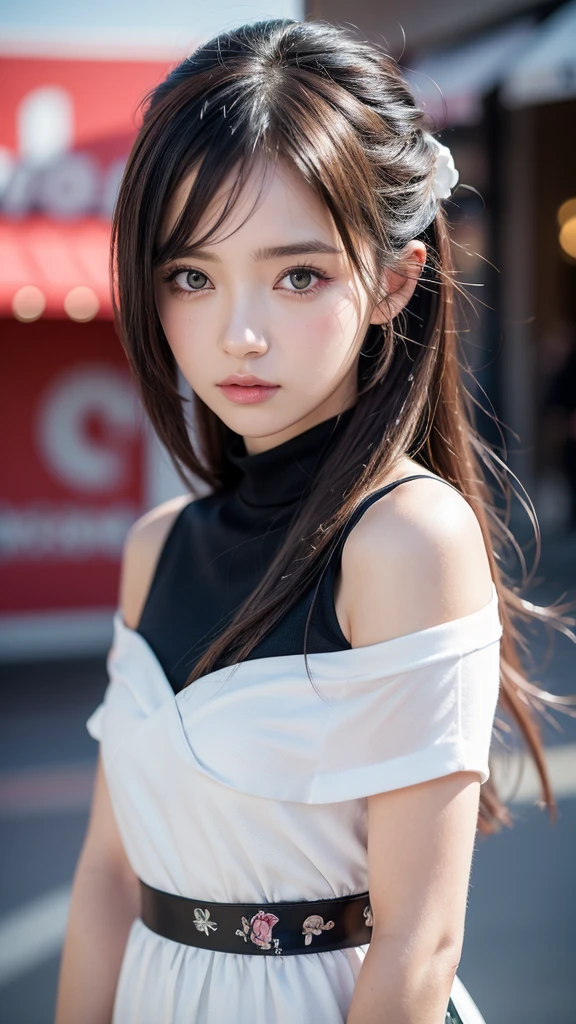 Masterpiece, 1 Beautiful Girl, Detailed, Swollen Eyes, Top Quality, Ultra High Resolution, (Reality: 1.4), Original Photo, 1Girl, Cinematic Lighting, Smiling, Japanese, Asian Beauty, Korean, Clean, Super Beautiful, Little Young Face, Beautiful Skin, Slender, Cyberpunk Background, (ultra realistic), (high resolution), (8K), (very detailed), (best illustration), (beautifully detailed eyes), (super detailed), (wallpaper), (detailed face), viewer looking, fine detail, detailed face, pureerosfaceace_v1, smiling, 46 point slanted bangs, looking straight ahead, neat clothes, dark colored eyes, clothes sleeveless, body facing front,