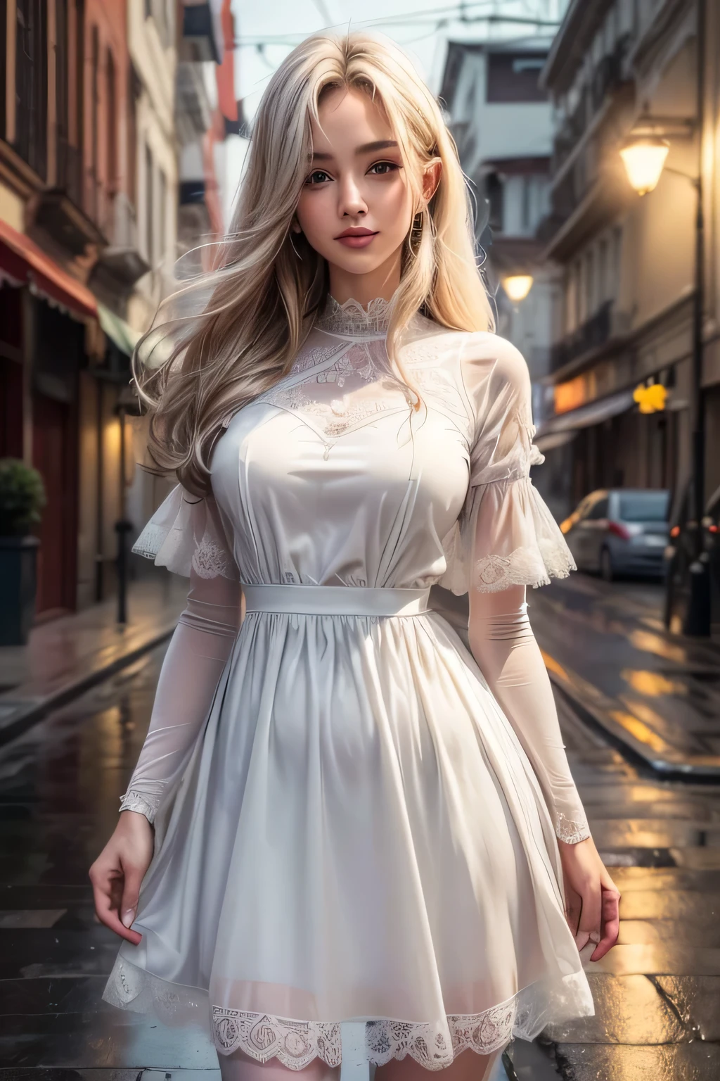((maximum quality, 8k, obra de arte: 1.3)), franja, bright light grey pantyhose, handsome man standing in the rain under a street lamp, figura perfeita: 1.4, thin abdomen: 1.3, (((cabelo castanho claro, decote: 1.2)), sorriso, It is 30 meters away from the viewer, 50mm, vestido longo de renda branco, corpo todo, Distrito da Luz Vermelha, textura altamente detalhada do rosto e da pele, olhos detalhados, Palpebras duplas