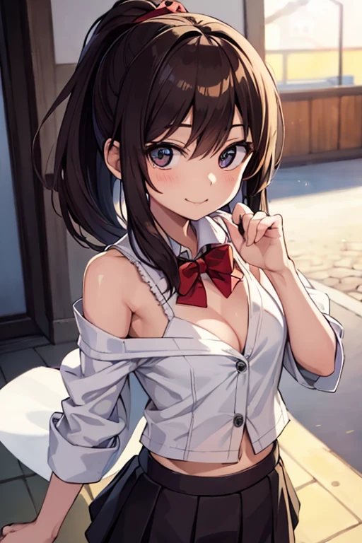 Laughter、smile、night、born、(((ultimate beauty portrait)))、((glowing skin))、1 girl、15 year old beautiful girl from Prague、bright look、((brown hair))、(cleavage)、(flare skirt:1.5)、((Big eyes that shine like jewels))、open cardigan、open your clothes、pantyhose、Glossy and glossy skin、(medium hair)、(silky ponytail hair)、( Are standing)、(from below)、under the skirt、(from below下着の接写)、eyeliner、beautiful bangs、hair between eyes、((masterpiece、最high quality、super detailed、film light、intricate details、High resolution、very detailed))、detailed background、8KUHD、Digital single-lens reflex camera、soft light、high quality、film grain、Film XT3 、shallow depth of field、natural soft light、Kamimei、rich bust、