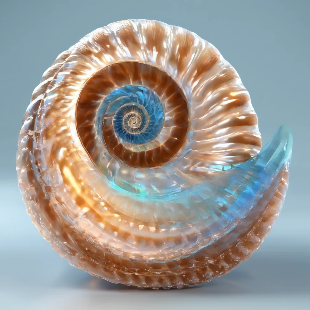 solo sea snail's shell, shell of sea snail, transparent glassy texture, very light blue color touch, black background, Futurism, depth of field, masterpiece, high details, high quality, HD
