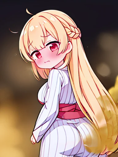 1 girl、Nodoka(Buruaca)、8K、must-have、anime、fart、shyness、blush、lots of yellow gas、Yellow gas comes out from the butt、animeチック、Are standing、Gray yukata、white obi、red eyes、long hair、Gentle Pose、blonde、Hold your stomach、Flustered face、tie hair back、big breasts