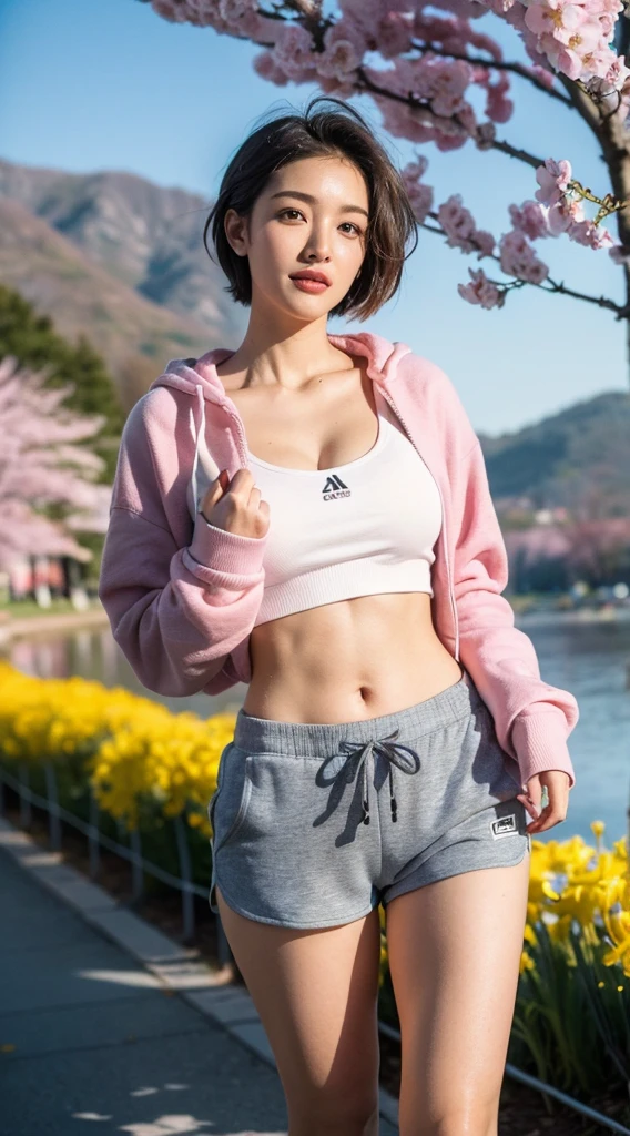 (RAW photo, high resolution, best quality, masterpiece:1.3), (realistic, hyperrealism, photorealistic:1.2), shot by Canon EOS R6, Sharp focus, f/1.8, mid shot, 1 mature woman, very delicate and beautiful, ultra detailed beautiful women, highly detailed skin and face, triangular face, super detailed beautiful eyes, fine detailed realistic lips, sweaty skin, perfect anatomy, (slender figures, thin waist), (cleavage), ((open pink hoodie and running shorts)), no makeup, swept side stylish short hair, (smirk, empty hands, walking in lakeside scene, early spring, clear blue sky, streaked with wispy cirrus clouds, arches over a majestic snow-capped mountain in the background, lake, The sun, high in the sky and just off-frame, daylight, cherry blossoms, pink petals fluttering slightly in the breeze, a vibrant yellow forsythia bush bursts with color, The wooden guardrail along the path"), ultra-realistic, super detail,