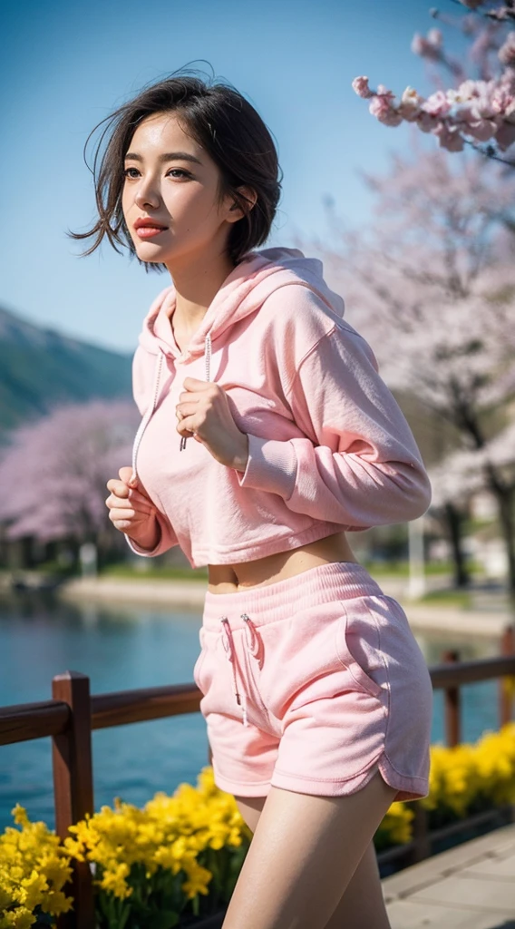 (RAW photo, high resolution, best quality, masterpiece:1.3), (realistic, hyperrealism, photorealistic:1.2), shot by Canon EOS R6, Sharp focus, f/1.8, mid shot, 1 mature woman, very delicate and beautiful, ultra detailed beautiful women, highly detailed skin and face, triangular face, super detailed beautiful eyes, fine detailed realistic lips, sweaty skin, perfect anatomy, (slender figures, thin waist), (cleavage), ((open pink hoodie and running shorts)), no makeup, swept side stylish short hair, (smirk, empty hands, walking in lakeside scene, early spring, clear blue sky, streaked with wispy cirrus clouds, arches over a majestic snow-capped mountain in the background, lake, The sun, high in the sky and just off-frame, daylight, cherry blossoms, pink petals fluttering slightly in the breeze, a vibrant yellow forsythia bush bursts with color, The wooden guardrail along the path"), ultra-realistic, super detail,