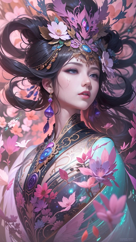 Top quality, Intricate details , (Fine skin, Shiny skin, Shiny hair, Pale complexion), A beautiful imposing Japanese empress, (full body:2), threatening posture, vivid eyes, future fantasy character, ornate costume, powerfull, shinny sakura petals flowing, volumetric light, 4k, hyper detailed, minimalist chaotic fractal background, moon, vivid colors, full length image,(From the feet to the top of the head:1.6)