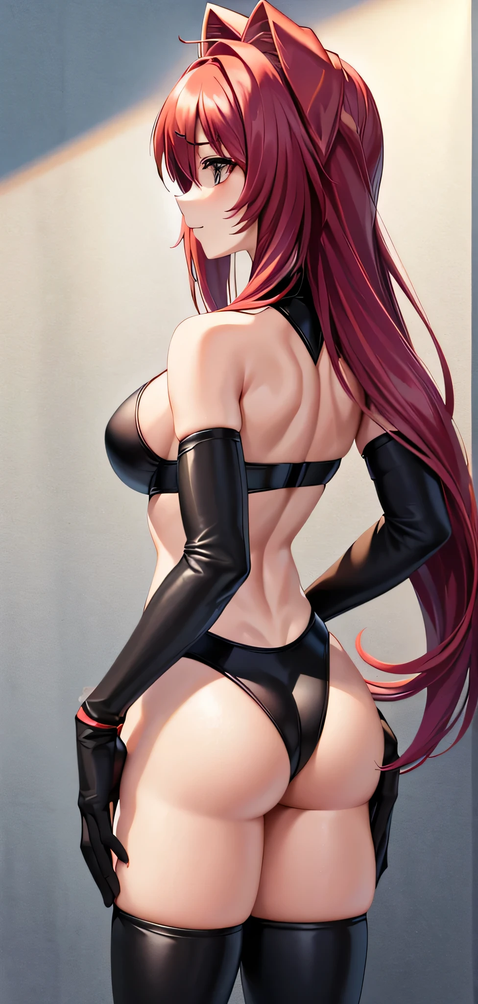 (ultra_high_res), (sfw), ((8k)), (high_quality), (masterpiece), (sexy), (beautiful_body), (slim_body), (dark_background), wrestling_ring, (wrestling), (black_bikini), (wrestling_outfit), (standing), (back), (full_body) visual_novel, (solo), muv-luv, muvluv_style, ((Kagami_Sumika)), sumika, (red_hair), long_hair, large_breasts, elbow_gloves, (thigh_high_stockings), smug_face