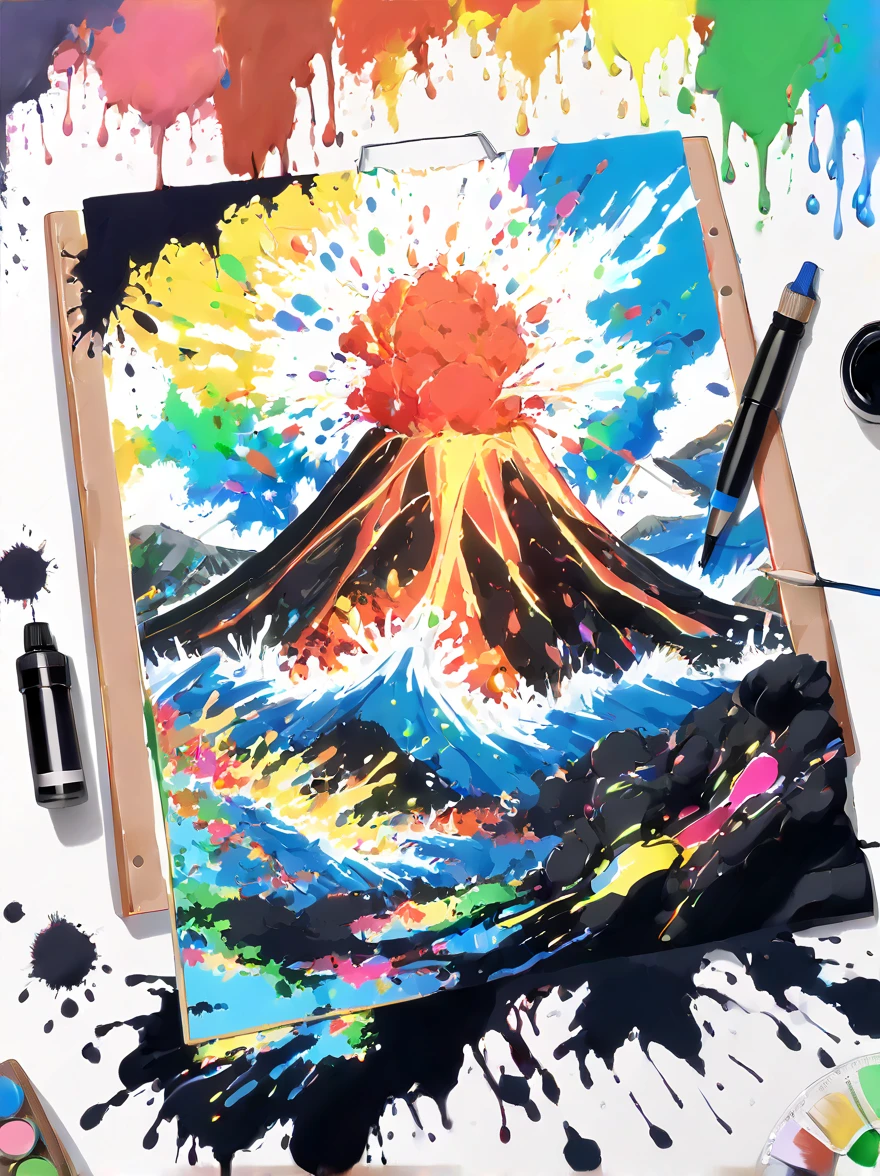 Whimsical vibe，an underwater world，((Undersea volcano eruption on 1 drawing board with magma and lava splashes made of ink:1.6))，((ink pigment，Strong splash of colored ink:1.6))，(在画布和火山上有更多的ink splatter effect:1.6)，(Character covered in ink liquid splatter:1.6), (ink splatter effect:1.4)，(Splash paint:1.4), (Rainbow paint splash:1.4)，(paint splatter background:1.4)，The octopus should look happy doing its art，Surrounded by a vibrant aquatic environment filled with coral and marine life，(vector illustration:1.2)