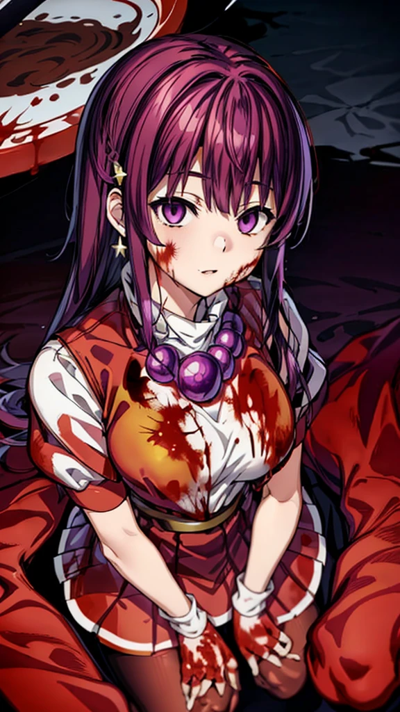 (masterpiece)、(highest quality)、(super detailed)、intricate details、athena 97、(1 girl:1.4)、solo、purple eyes、purple hair、hair length、white earrings、red hair band、star hair ornament、Medium breathing、red vest、white turtleneck、White Puff Sleeves、short sleeve、red pleated skirt、(Crimson pantyhose:1.2)、black pantyhose、yellow belt、purple spherical necklace、red fingerless gloves、white short socks、red shoes、evil smile、NSFW、In the ruins、anime style、(Blood on the face:1.6)、(combat readiness:1.2)、hypnorolla、
empty eyes、full body, looking at viewer,