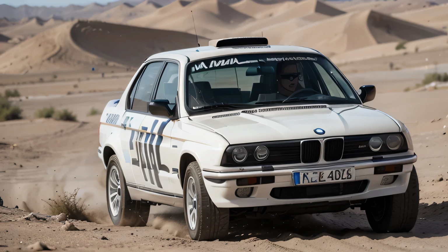 White BMW e30 Dakar rally race in the desert dunes