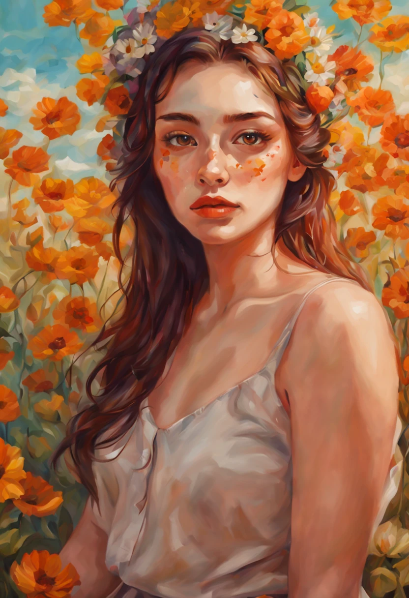 girl in flowers, colorful, oil painting, insane colors, oil colors, high quality, high detail