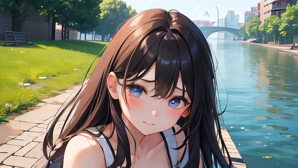 Sexy College Student、20-year-old、Hair is bronze、hair is long、so beautiful、beautiful、In summer clothes、walking near the river、Are crying、close up of face