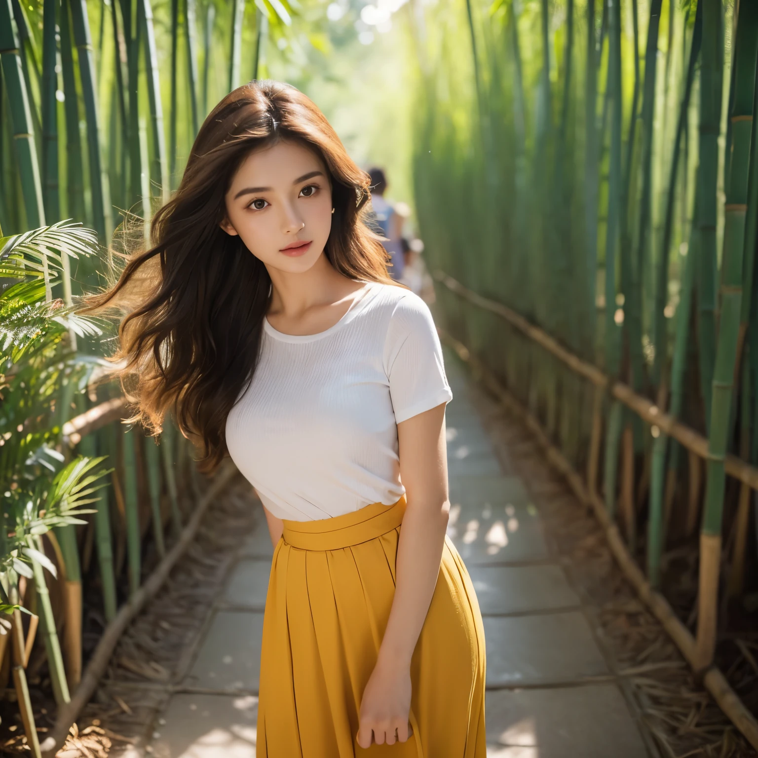 from above. Portrait of a gorgeous European brunette woman, 23 years old, curls.
she is《》magazine model. she has a subtle smile,Flirting for the camera,
( She stood upright in a huge bamboo forest, She was wearing a casually colored shirt and skirt, in the glory of the setting sun:1.2),
perfect eyes, perfect hands, Perfect body, perfect hair, Perfect breasts, hair behind ears, Blurred foreground, ultra high definition, retina, masterpiece, precise, anatomically correct, textured skin, Super details, high detail, high quality, Award-winning, best quality, high resolution, 16k, 8k,