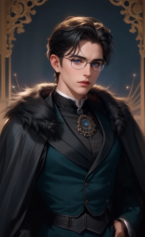 (masterpiece,highest quality,ultra_be familiar with,High resolution,disorganized) (be familiar with shadow) (High quality light),1 (mature) male, 30-ish, ((wide shoulders)) (muscle), male focus, alone, Short black quiff hair with soft fringe (Side 3 bangs:7 Ratio), blue eyes (be familiar with eyes), Upper body, short hair, looking at the viewer, parted lips, round glasses, fantasy, Marine Suit, noble (fur cloak), victorian era background (be familiar with background), at night.