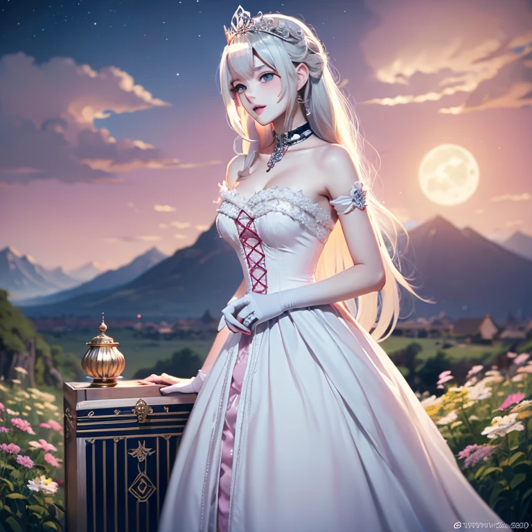 masterpiece, best quality, 1girl, (colorful),(finely detailed beautiful eyes and detailed face),cinematic lighting,bust shot,extremely detailed CG unity 8k wallpaper,white hair,solo,smile,intricate skirt,((flying petal)),(Flowery meadow) sky, cloudy_sky, building, moonlight, moon, night, (dark theme:1.3), light, fantasy,