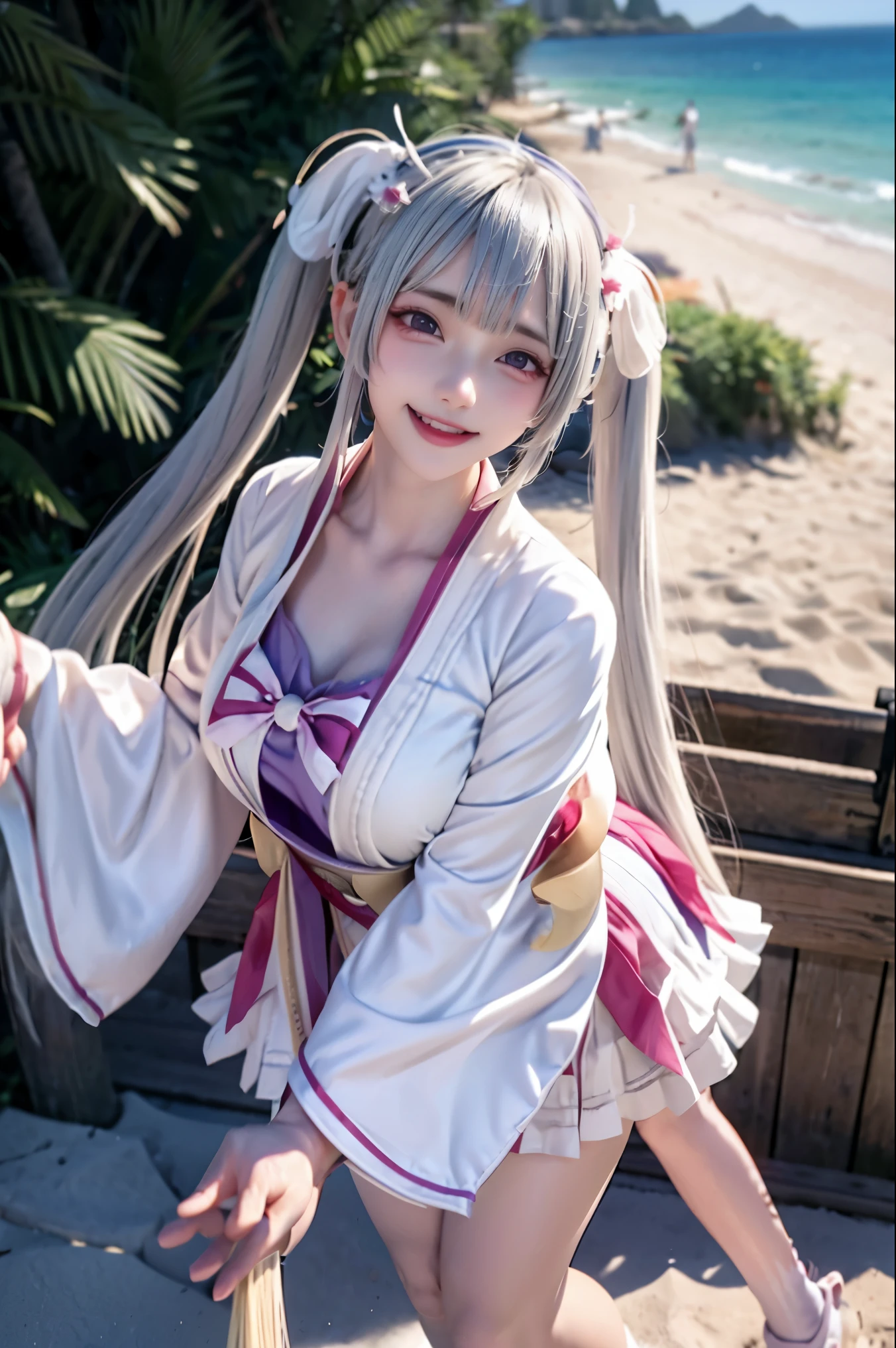 best quality, masterpiece, , ,short, huge breasts, white hair,low twintails, purple eyes, yukine chris, thin twintails,, beach, sea, white dress, white skirt, white one-piece, straw hat,  (((shy))), (happy), leaning forward, summer, from above, reaching out, smiling,