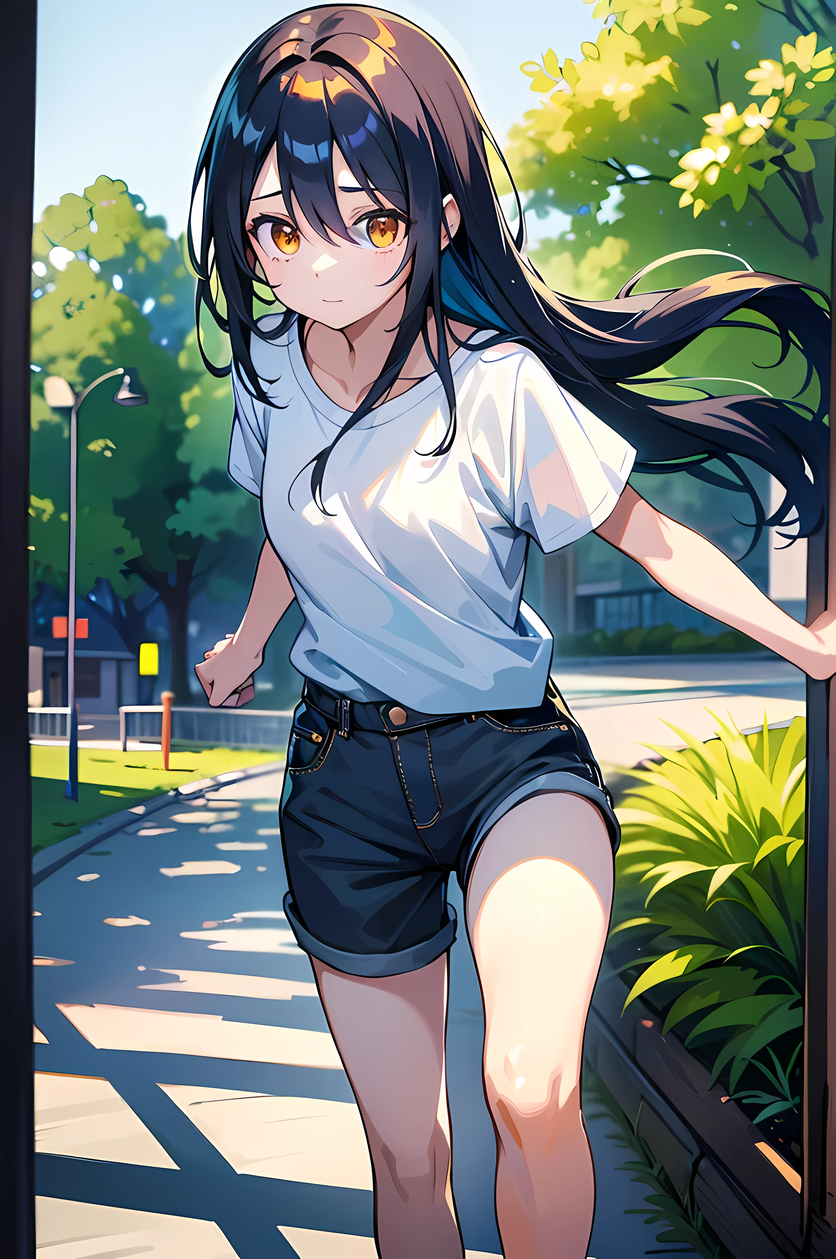 (8K Ultra High-Quality) (Masterpieces) (Image) (人物: Rimuru) 1 Girl 17years old, Long Black hair, Orange eyes colors, wearing White T-shirt, wearing Jean, background at small Park, walking on walkways, talking to viewer.