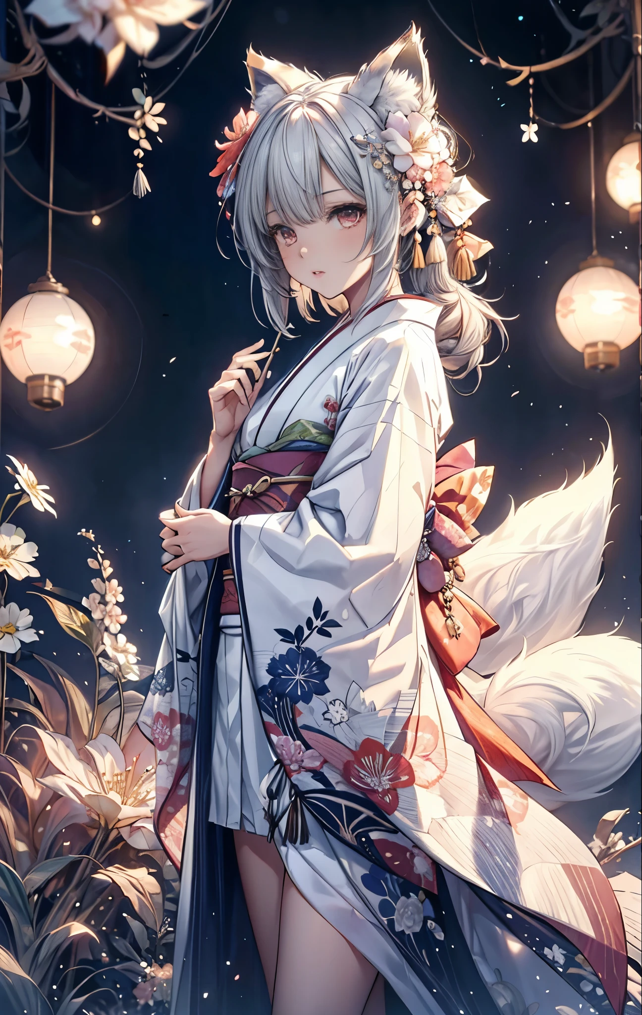 (masterpiece:1.2), highest quality,pixiv,  
1 girl, alone, long hair, moon, kimono, kimono, gray hair, looking at the viewer, animal ears, red eyes, long sleeve, bangs, full moon, wide sleeve, flower柄, hair ornaments, tassel, hair between eyes, flower, Are standing, parted lips, fox ears, animal earsの綿毛, white kimono, hair flower, print kimono, very long hair, white flower, legs stick out from frame