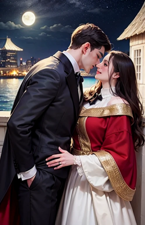 masterpiece, highest quality, two men, adult, in a tailcoat and cloak, Kiss on the neck, tall muscular, Handsome and delicate eyes, intricate details, clear water, Moonlight night, smile, beautiful, romantic, dream-like