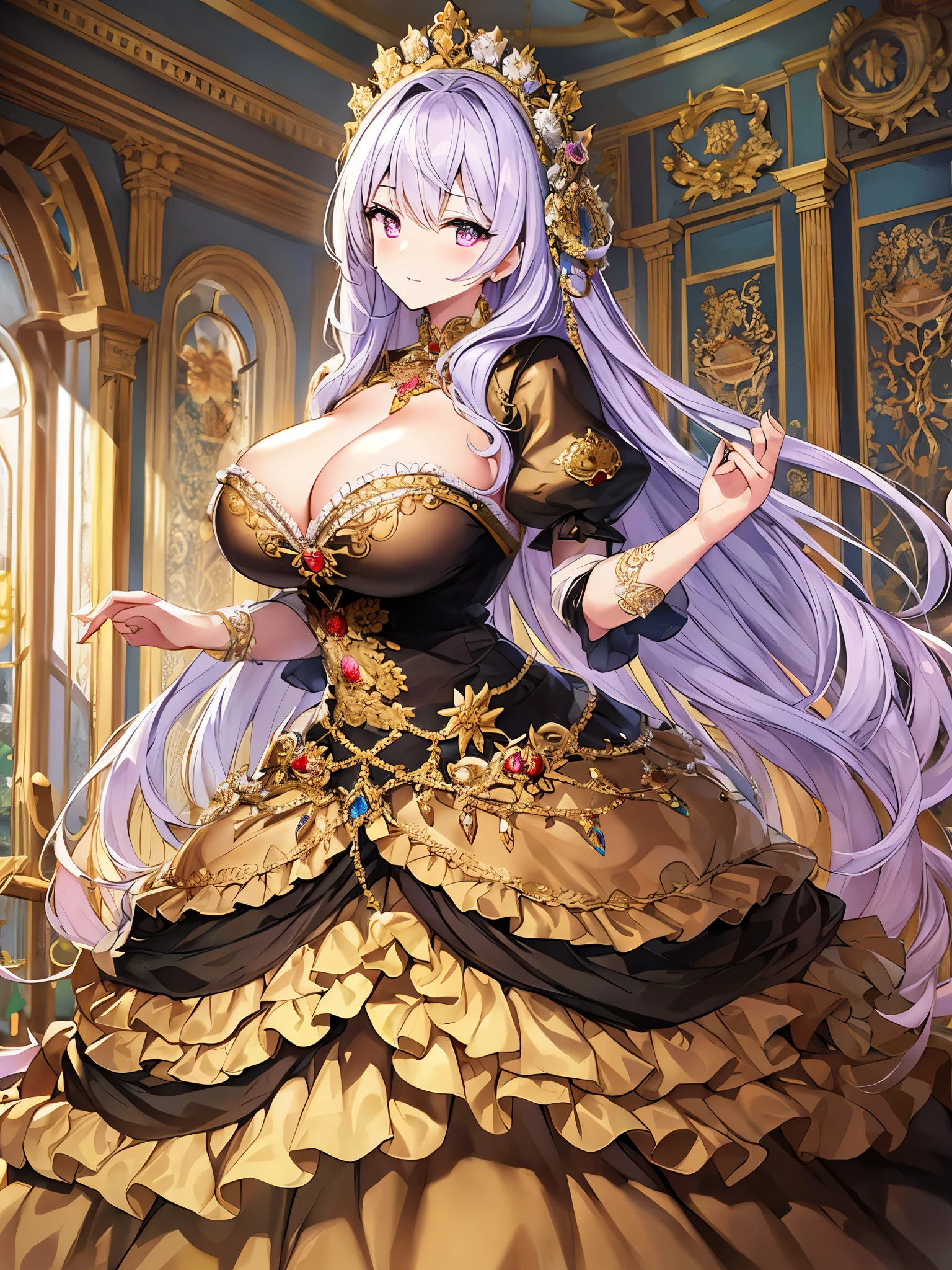 ((anime artstyle)),Masterpiece,Best Quality,Super Detail,((Very Delicate and Beautiful)),((Solo)),Standing,((full body)),((1 bling-bling adult princess in beautiful embroidery and jeweled gorgeous rococo ballgown with voluminous puffy hoop skirt)),detailed face and eyes,jewel-like eyes,(((very very gigantic tits,long tits,breasts bigger than face,skindentation))),cleavage,((extremely voluminous straight Hair,Extremely Long Straight Hair)),((gorgeousfull embroidery and lace,beautiful embroidery and jeweled)),Gorgeous Gemstone Jewelry,gorgeous corsage,gorgeousfull hair ornament,gorgeousfull glitter jeweled tiara,((full body)),((crinoline,Long train)),Standing in luxury palace,Dynamic Angle,Looking at viewer,(((beautiful embroidery and jeweled gorgeous rococo ballgown with voluminous puffy hoop skirt))),full body