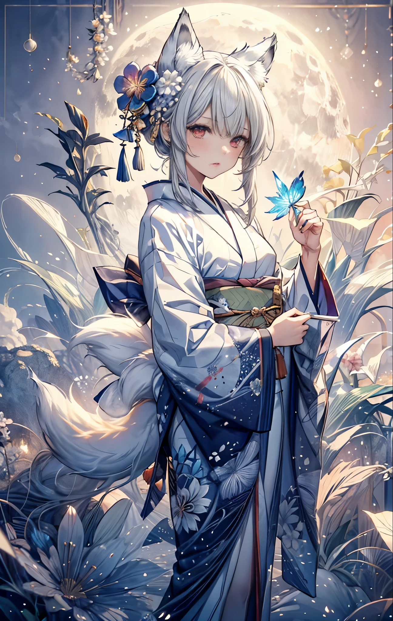 (masterpiece:1.2), highest quality,pixiv,  
1 girl, alone, long hair, moon, kimono, kimono, gray hair, looking at the viewer, animal ears, red eyes, long sleeve, bangs, full moon, wide sleeve, flower柄, hair ornaments, tassel, hair between eyes, flower, Are standing, parted lips, fox ears, animal earsの綿毛, white kimono, hair flower, print kimono, very long hair, white flower, legs stick out from frame