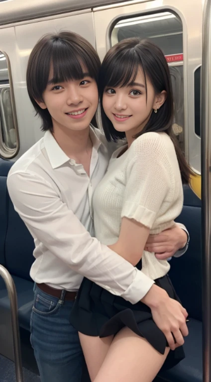 Virtual image, Full body poster 8K, Japanese boy and girl, 18-year-old male, A charming expression, detailed facial details,Standing, hugging, kissing, exchanging tongues,Wear a white bikini, Tokyo Octy, winter, Shibuya is the backdrop.