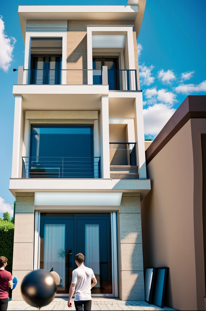 Modern townhouse, combining neoclassical style, street, car running in front of the house, (LoGo:1.5 not appearing), Modern Style, Extremely detailed image, masterpiece, surreal, rendered by vray 2023, 8k rendering, White walls, aluminum glass doors and windows, large yard covered with ceramic tiles, Natural light, cloudy, daytime a few clusters of beautiful small flower pots 8K