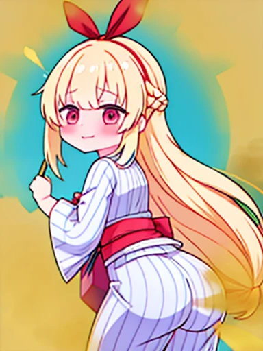 1 girl、Nodoka(Buruaca)、8K、must-have、anime、fart、blush、lots of yellow gas、Yellow gas comes out from the butt、animeチック、Are standing、Gray yukata、white obi、red eyes、long hair、Gentle Pose、blonde、Hold your stomach、Satisfied face、Hip Attack、stick out your butt、