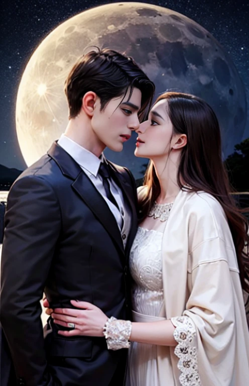 masterpiece, highest quality, two men, adult, in a tailcoat and cloak, Kiss on the neck, tall muscular, Handsome and delicate eyes, intricate details, clear water, Moonlight night, smile, beautiful, romantic, dream-like