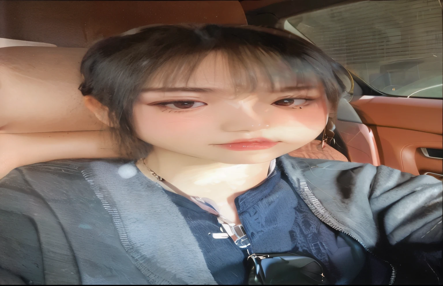 Arafed Asian woman wearing a gray jacket and sunglasses in a car., Lalisa Manobal, asian guy, con flequillo, young cute wan asian guy, Southeast Asian with round face, flequillo esponjoso, con flequillo completo, beautiful asian girl, detailed face of a asian girl, asian girl, neat hair con flequillo, el corte de hime, flequillo recto. jennie black pink, black pink jennie, korean face jennie. korean girl